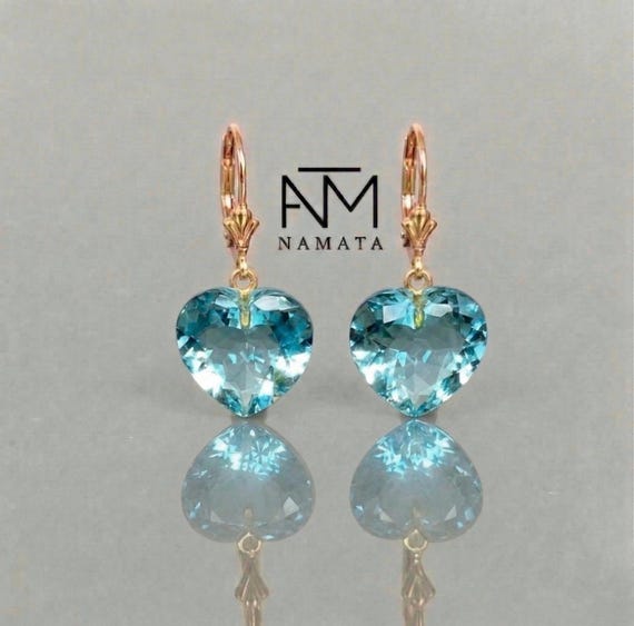 14K Gold Aquamarine Heart Earrings, November Birthstone, Aquamarine Drop Earrings, Aquamarine Jewelry Gift For Her.
