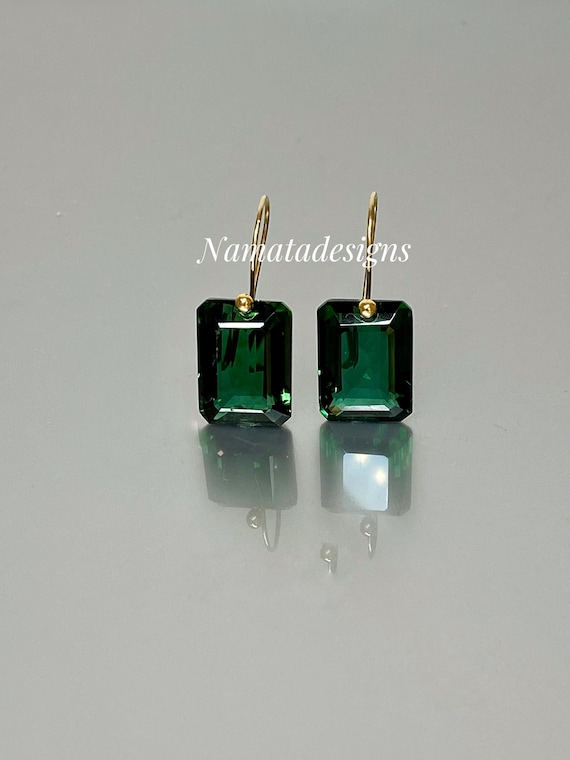 14K/18K Gold Green Tourmaline Rectangle Dangle Earrings, Emerald Cut Earrings, Minimalist Jewelry