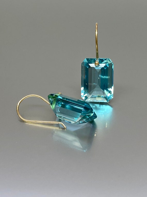 14K Gold Rectangle Blue Topaz  Earrings( 32 ct), Topaz  Drop Earring, Sky Blue Earring, December  Birthstone earring, Topaz Jewelry.
