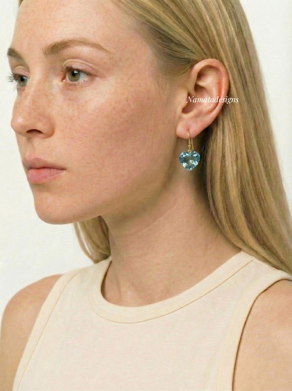 Aquamarine Heart Dangle Earrings, Bridal Earrings, March Birthstone Jewelry, Romantic Gift for Her