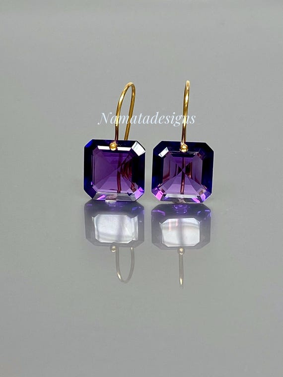 14K/18K  Gold Amethyst Dangle Earrings, Purple Stone Earrings, February Birthstone, Amethyst Jewelry Gift For Her.
