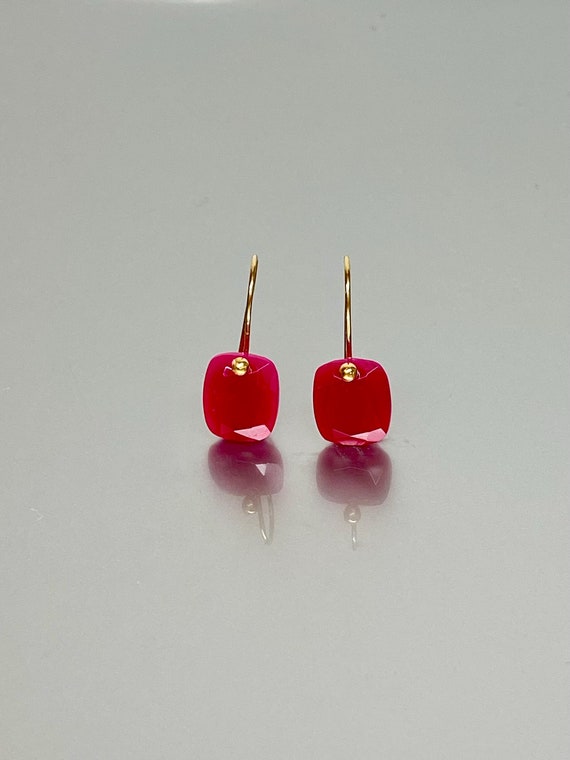 14K/18K Natural Pink Chalcedony Dangle Earrings, Rectangle Earrings, Pink Stone Earrings, Chalcedony jewelry, Holiday Gifts