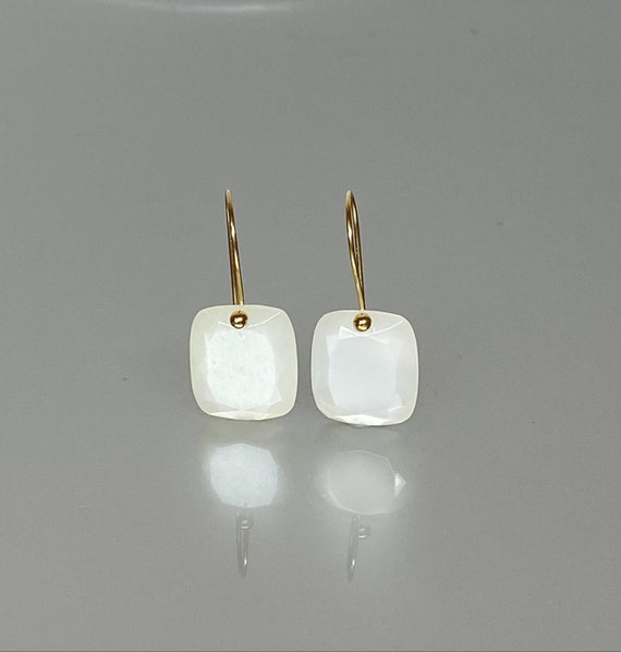 14K/18K Natural White Moonstone Dangle Earrings (28 ct), Birthstone Earrings, Rectangle  Earrings, Minimalist Earrings, Holiday Gifts.