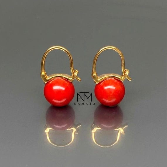 Natural Red Coral Sphere Hoop  Earrings, Red Globe Earrings, Ball Earrings, Coral Jewelry Gift For Her.