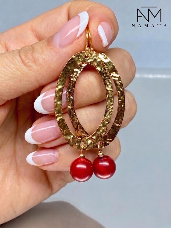 Long Red Coral Dangle Earrings: Statement Earrings Gift