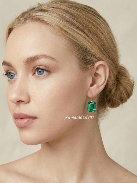 14K/18K Gold Colombian Emerald Dangle Drop Earrings, Green stone Earrings, Statement Earrings, Emerald Jewelry, October Birthstone.