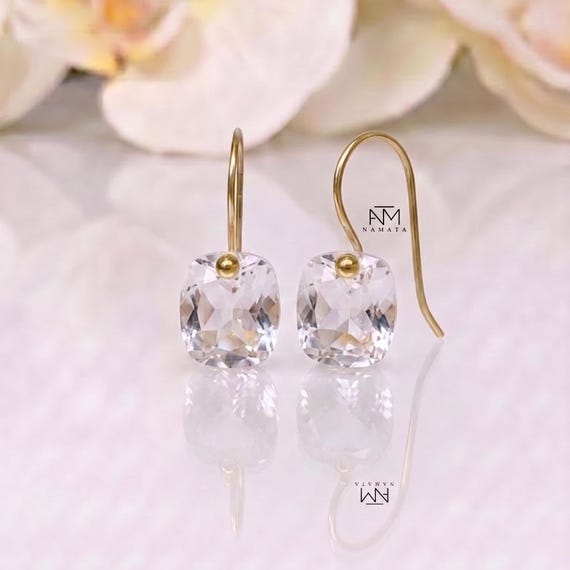 Natural Rock Crystal Dangle Earrings, 14K Gold Clear Quartz Earrings, Rectangle Gemstone Drops, Minimalist Crystal Earrings Gift