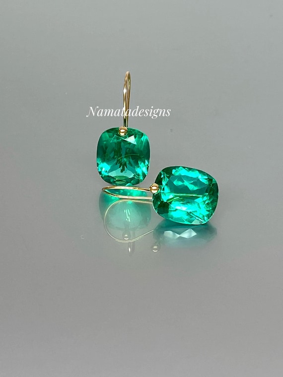 14K/18K Gold Colombian Emerald Dangle Drop Earrings, Green stone Earrings, Statement Earrings, Emerald Jewelry, October Birthstone.