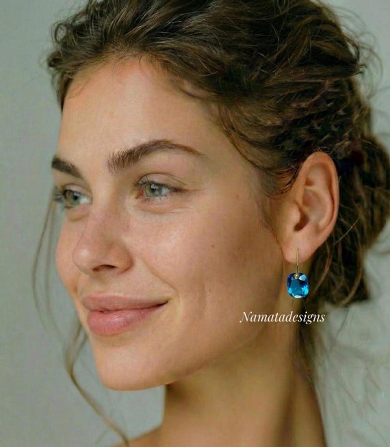 14k Gold London Blue Topaz Dangle Earrings, Rectangle stone Jewelry, Christmas Gift For Her