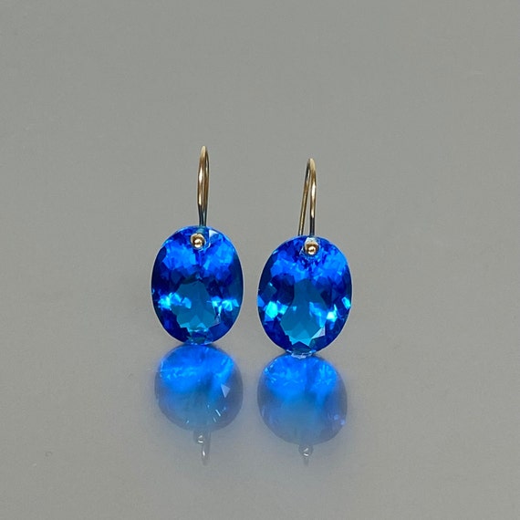 14K  SOLID Gold Small Oval Swiss Blue Topaz Drop Earrings (28 ct), Small Drop Earrings, Oval Earrings, Swiss Topaz Jewelry Gift For Her.