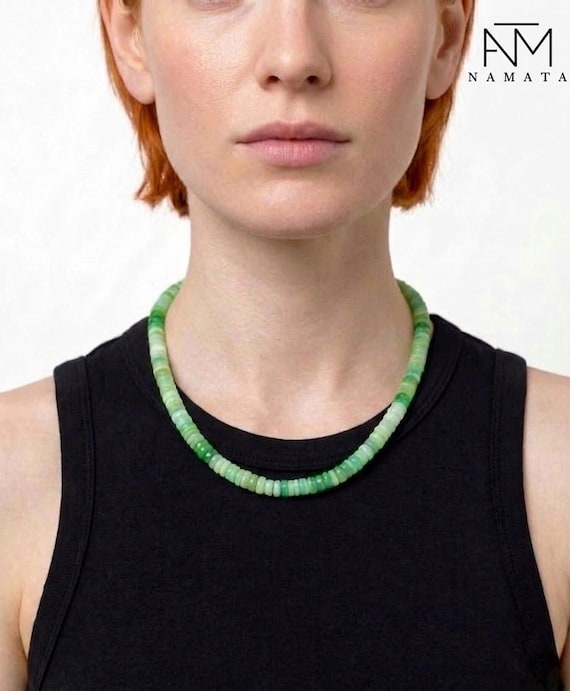Green Chrysoprase Beaded Necklace, Smooth Rondelle Gemstone Necklace, 14K Gold Filled Adjustable Necklace, Elegant Gift for Her