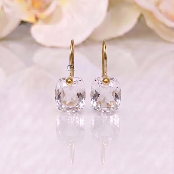 Natural Rock Crystal Dangle Earrings, 14K Gold Clear Quartz Earrings, Rectangle Gemstone Drops, Minimalist Crystal Earrings Gift