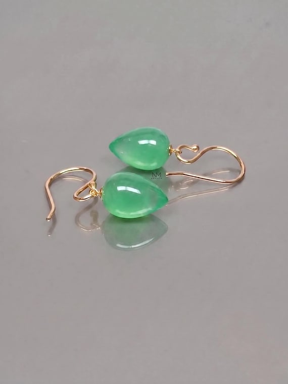 Chrysoprase Chalcedony Drop Earrings, Green Teardrop Earrings, Gold or Silver Dangle, Minimalist Gemstone Jewelry, Inverted Teardrop Earring
