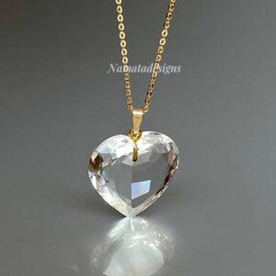 14K Solid Gold Natural Clear Crystal Heart Pendant Necklace