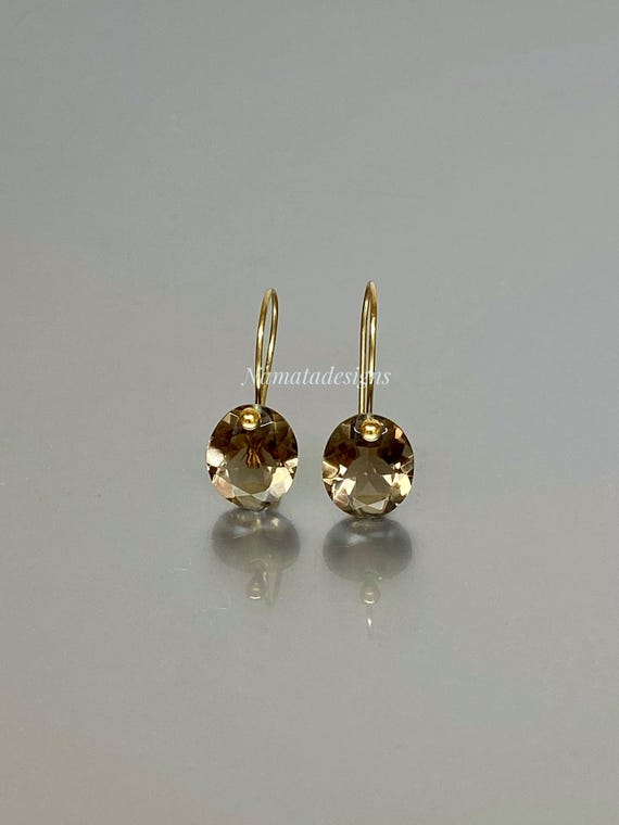 14K Gold Smoky Quartz Dangle Earrings, Small Oval Earrings, Brown Gemstone Earrings, Birthstone Earrings Gift, Minimalist Earrings