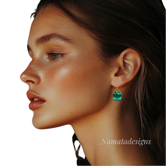 14K Gold Colombian Emerald Earrings: Green Cushion Cut Drops