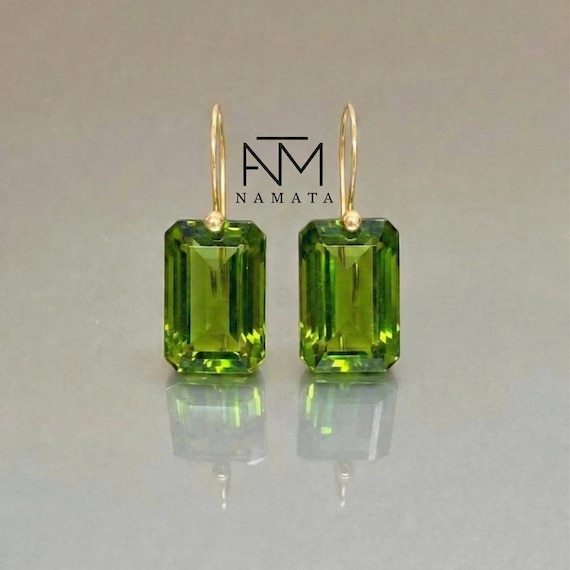 Peridot Drop Earrings, Statement Earrings, August Birthstone, Green Stone Earrings, Gold or Silver, Rectangle Drops, Peridot Jewelry Gift.