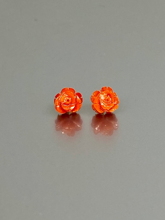 14K SOLID Gold Italian red coral rose stud earrings, solid real Italian coral, Natural stone studs, minimalist jewelry gift,