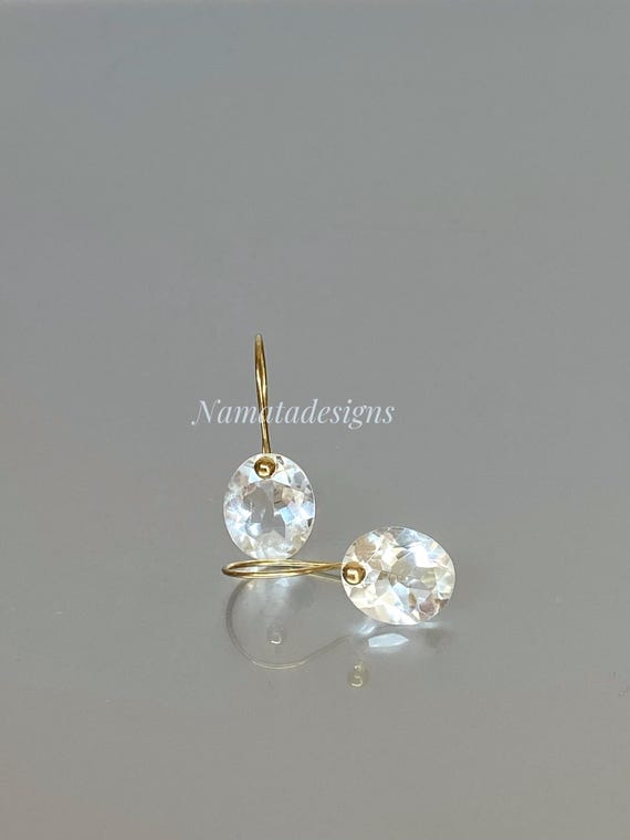 14K Gold Rock Crystal Dangle Earrings, Oval Drop Earrings, Small Earrings,  Birthstone Earrings Gift, Crystal Quartz Jewelry