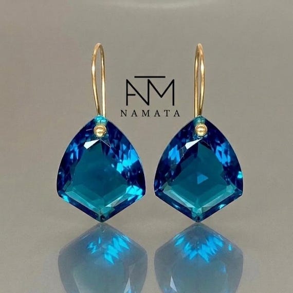 14K Gold London Blue Topaz Drop Earrings: Faceted Shield Dangle