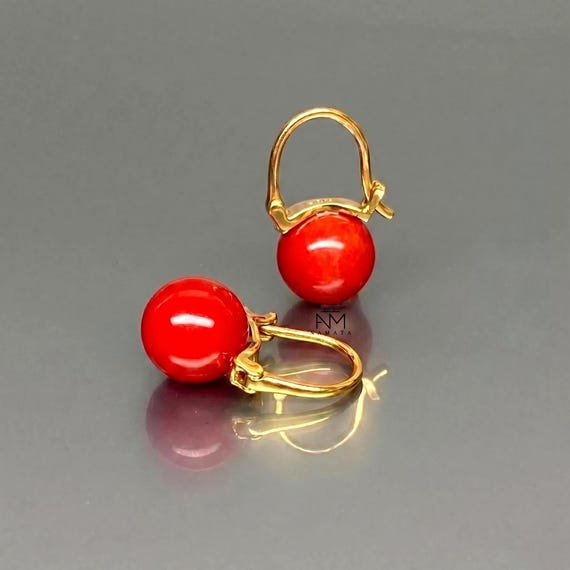 Natural Red Coral Sphere Hoop  Earrings, Red Globe Earrings, Ball Earrings, Coral Jewelry Gift For Her.