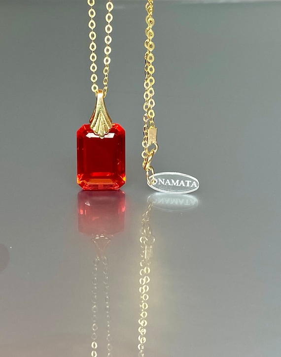 14K Fire Opal Rectangle Pendant Necklace, Orange Opal Necklace, Mexican Opal Necklace, October Birthstone, Opal Jewelry Gift For Her.