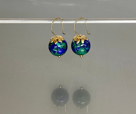 14K Gold Natural  Azurite-Malachite Globe Earring, Blue-Green  Earrings, ONE OF A-KIND, Ball Earrings,  Azurite Jewelry Gift For Her