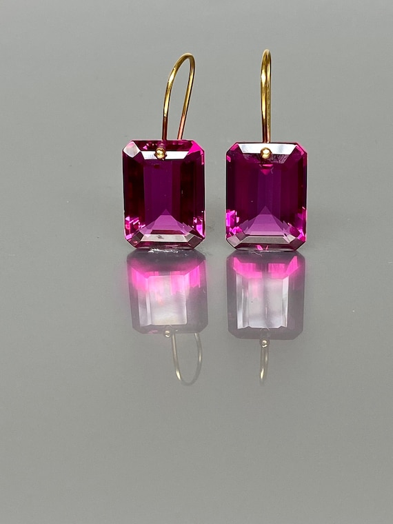 14K Gold Pink Tourmaline Earrings, Rectangle Earrings, Magenta Stone Earrings, November Birthstone Earring, Rubellite Pink earrings
