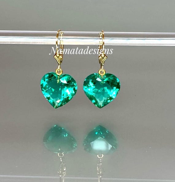 14K Gold Colombian Emerald Heart Earrings, October Birthstone, Heart Earrings, Emerald Jewelry Gift For Her, Mothers Day Gift.