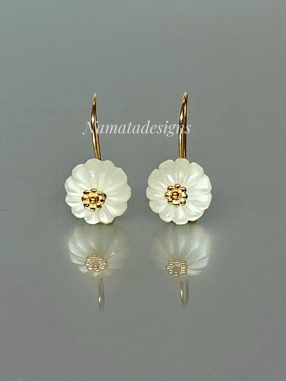 14K Gold White Moonstone Earrings, Hand Carved Flower Drop Earrings, June Birthstone Earrings,Small Earrings, Moonstone jewelry Gift for her