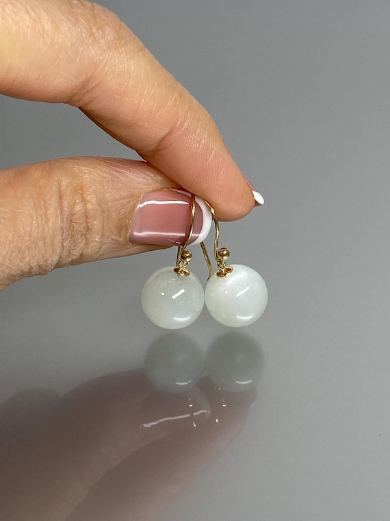14K Solid Gold Natural White Moonstone Sphere Earrings, Ball Earrings, Dangle Earrings, June Birthstone, Moonstone Jewelry Gift For Her