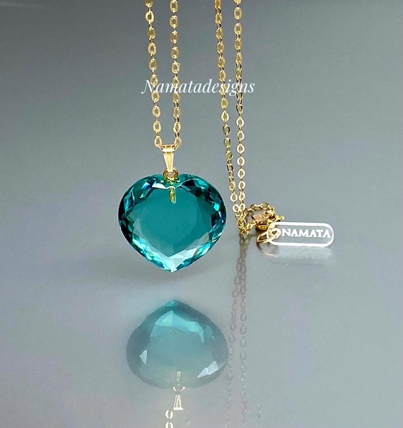 14K Solid Gold Paraiba Tourmaline Heart Pendant Necklace, Minimalist Birthstone Necklace, Tourmaline Jewelry Gift For Her