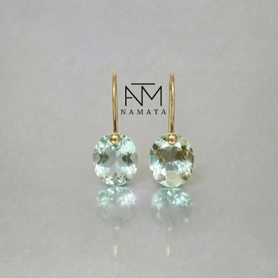 14K Natural Green Amethyst Dangle Earrings, Prasiolite Earrings, February Birthstone, Small Earrings, Holiday Gifts For Her.