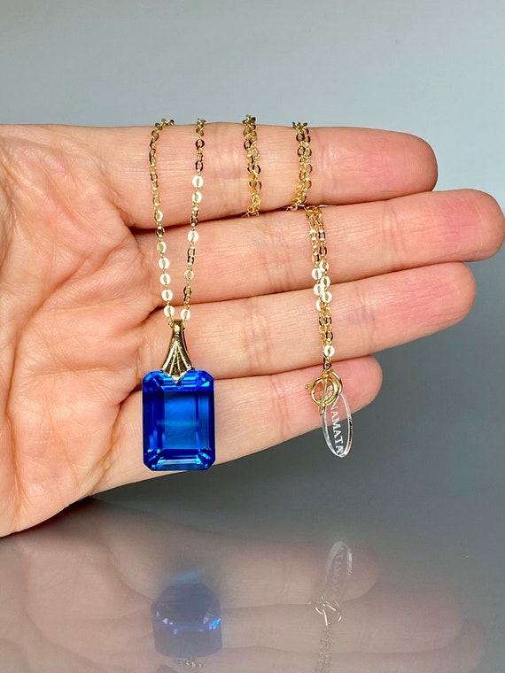 Swiss Blue Topaz Rectangle Pendant Necklace | December Birthstone Jewelry | Minimalist Blue Topaz Necklace in Silver or Gold | Gift for Her
