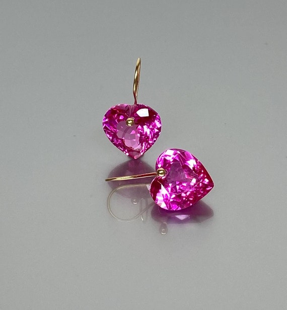 14K  SOLID GOLD  Pink Sapphire Heart Dangle Earrings, Pink Sapphire Earring, September birthstone, Sapphire Jewelry, Christmas Gift For Her