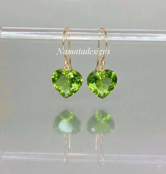 14K Gold  Peridot Heart Dangle  Earrings, 14K Gold Vermeil & Sterling Silver, August Birthstone, Minimalist Jewelry Gift