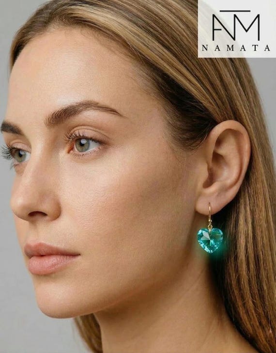 Paraiba Tourmaline Heart Earrings, October Birthstone, Blue-Green Dangle Earrings, Tourmaline Jewelry Gift For Her.