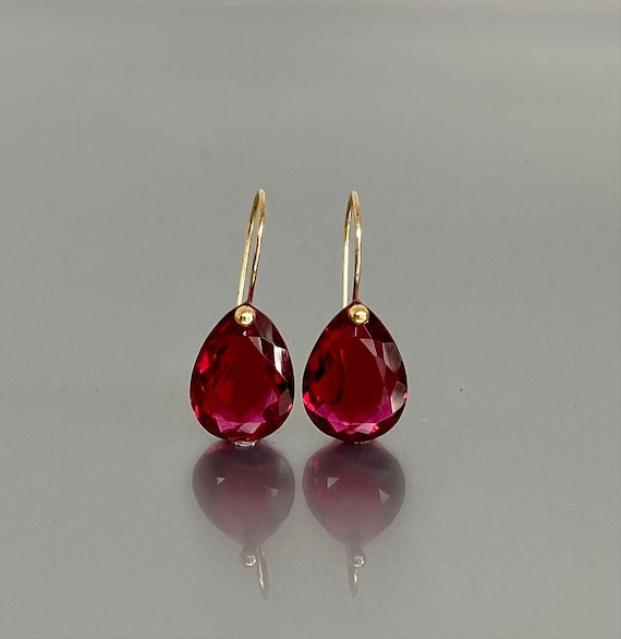 14K Gold Ruby Teardrop Dangle Earrings: July Birthstone, Red Stone Jewelry