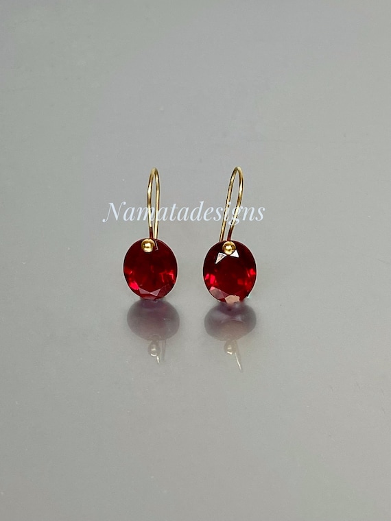 14K/18K Gold  Red Ruby Dangle  Earrings, Small Oval Earrings, October Birthstone, July Birthstone, Ruby Jewellery Gift For Her.