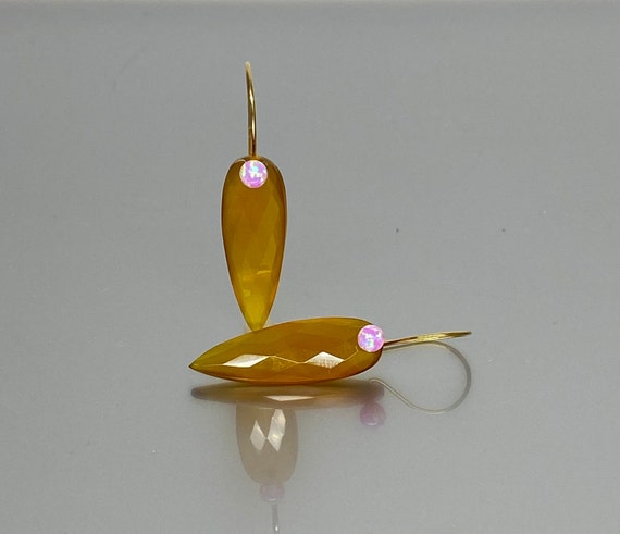 Yellow Chalcedony Earrings and Pink Opal Earrings, Teardrop, Long Earrings Silver, Minimalist Earrings Gift For Her.