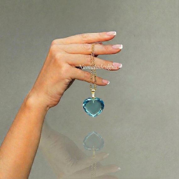 14K Gold Aquamarine Heart Necklace, Large Sky Blue Pendant