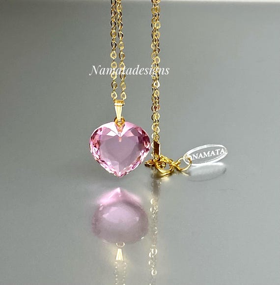 Pink Topaz Heart Necklace • 14K Gold Pendant • November Birthstone • Heart Gemstone Gift