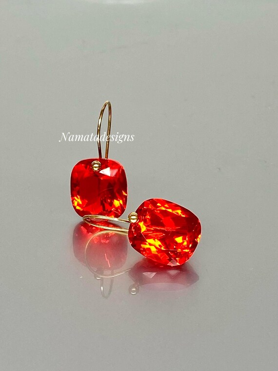 14K Gold Fire Opal Dangle Earrings, October Birthstone, Orange Red Gemstone