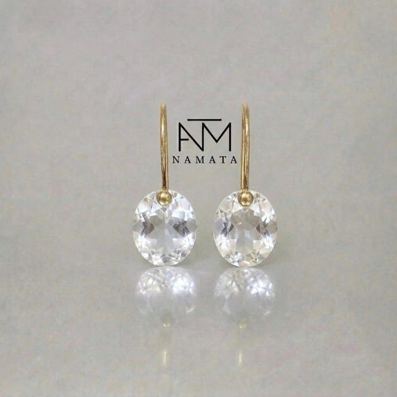 14K Gold Rock Crystal Dangle Earrings, Oval Drop Earrings, Small Earrings,  Birthstone Earrings Gift, Crystal Quartz Jewelry