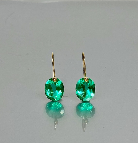 Colombian Dangle Emerald Earrings (12 ct), Small Oval Earring, Lightweight Earring, Dark Green Earrings Gold or Silver, October Birthstone