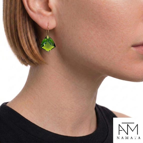 14K/18K Gold Peridot Dangle Earrings, August Birthstone, Green Stone Jewelry
