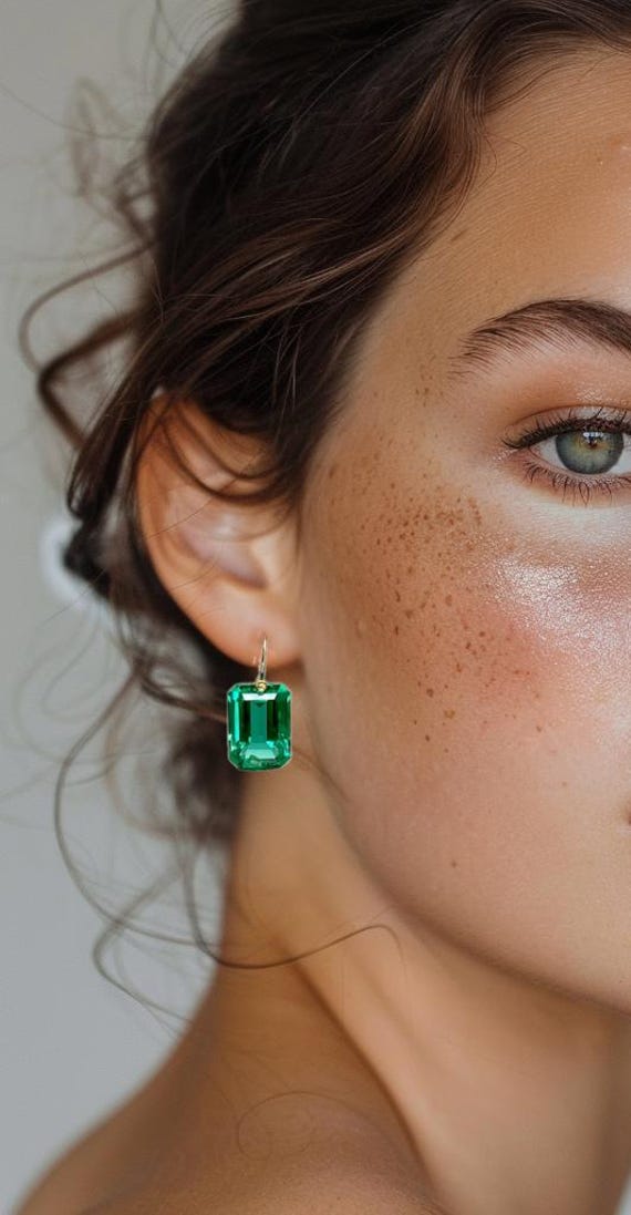 14K/18K  Gold Colombian Emerald Dangle Drop Earrings (30 ct), Rectangle Earrings, May Birthstone, Minimalist Modern Earring, Wedding Earring