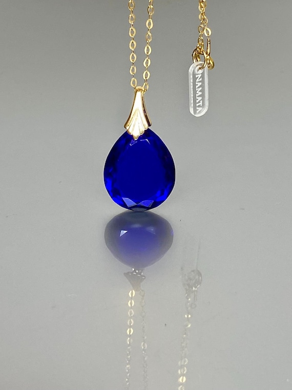 14K Gold Teardrop Blue Sapphire Necklace (18 ct), Sapphire Pendant, Long Necklace, Royal blue Stone Necklace, Sapphire Jewelry Gift For Her.