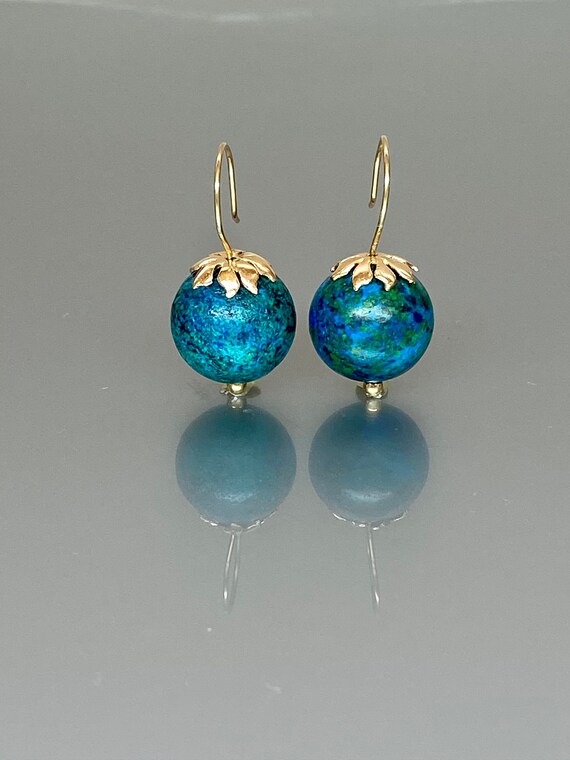 14K Gold Natural Blue-Green Chrysocolla Globe Earring, ONE OF A-KIND Earrings, Chrysocolla Jewelry,  Malachite Jewelry