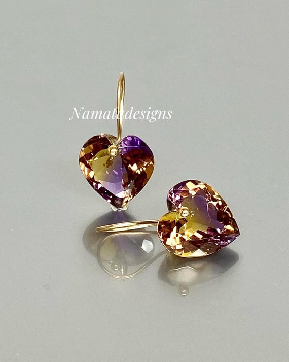 14K Gold Ametrine Heart Earrings: Purple Yellow Bicolor, One Of A Kind Jewelry